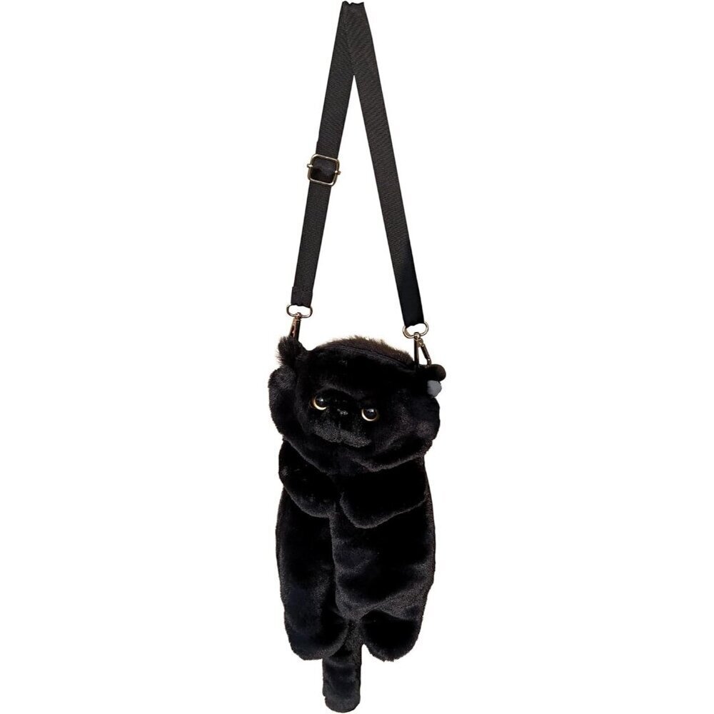 Women's Cat Shaped Plush Crossbody Bag Small Black Cute Handbag
